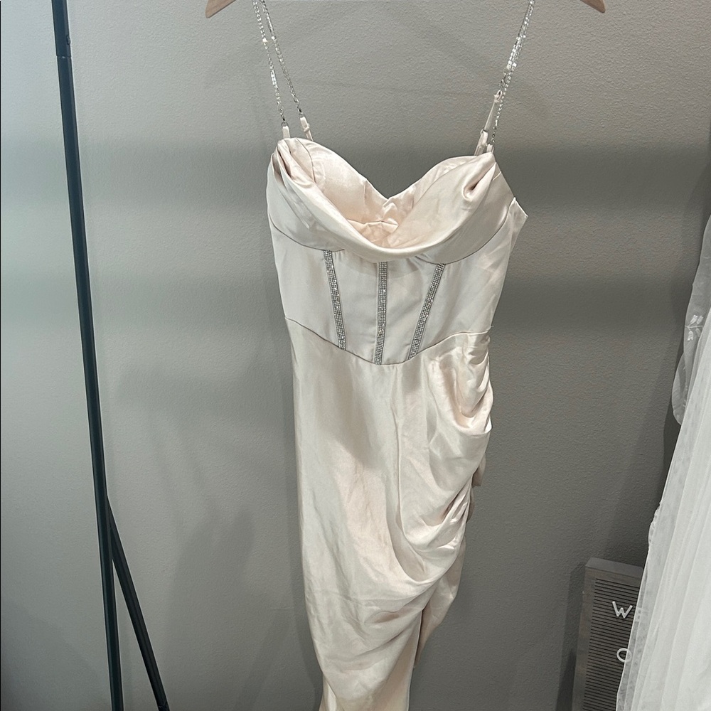 Asymmetrical Cream Satin Dress with gemstone removable straps